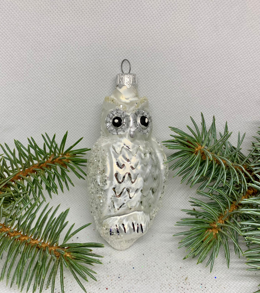 Owl silver and white glass Christmas handmade ornament, Luxury Christmas glass decoration, Christmas tree glass ornament ChristmasboxStore
