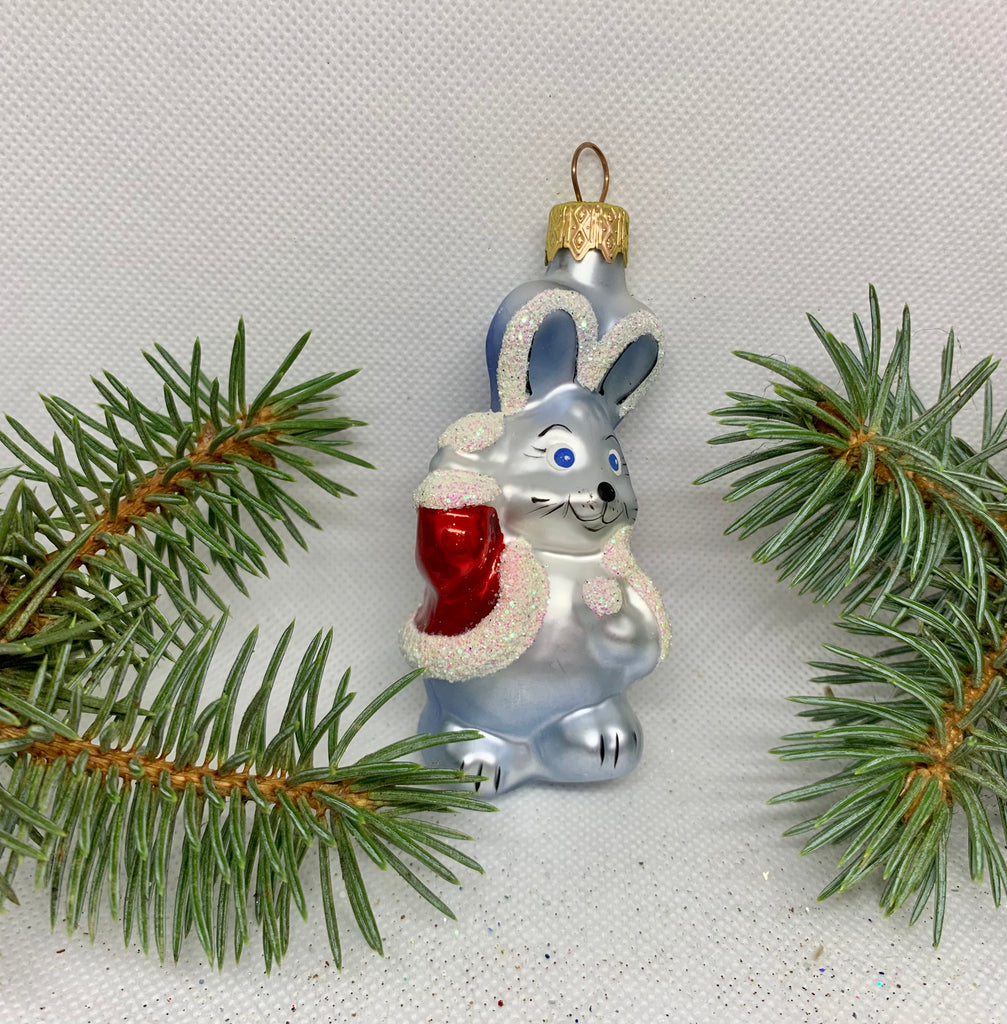 Bunny in a red fur coat glass Christmas handmade ornament, Luxury Christmas glass decoration, Christmas tree glass ornament ChristmasboxStore