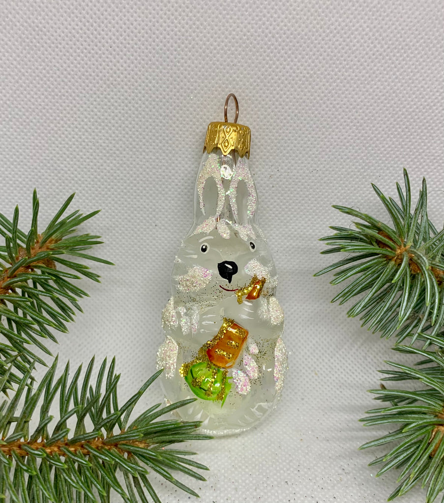 Transparent bunny with carrot glass Christmas handmade ornament, Luxury Christmas glass decoration, Christmas tree glass ornament ChristmasboxStore