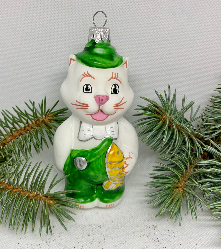 Cat with a fish glass Christmas handmade ornament, Luxury Christmas glass decoration, Christmas tree glass ornament ChristmasboxStore