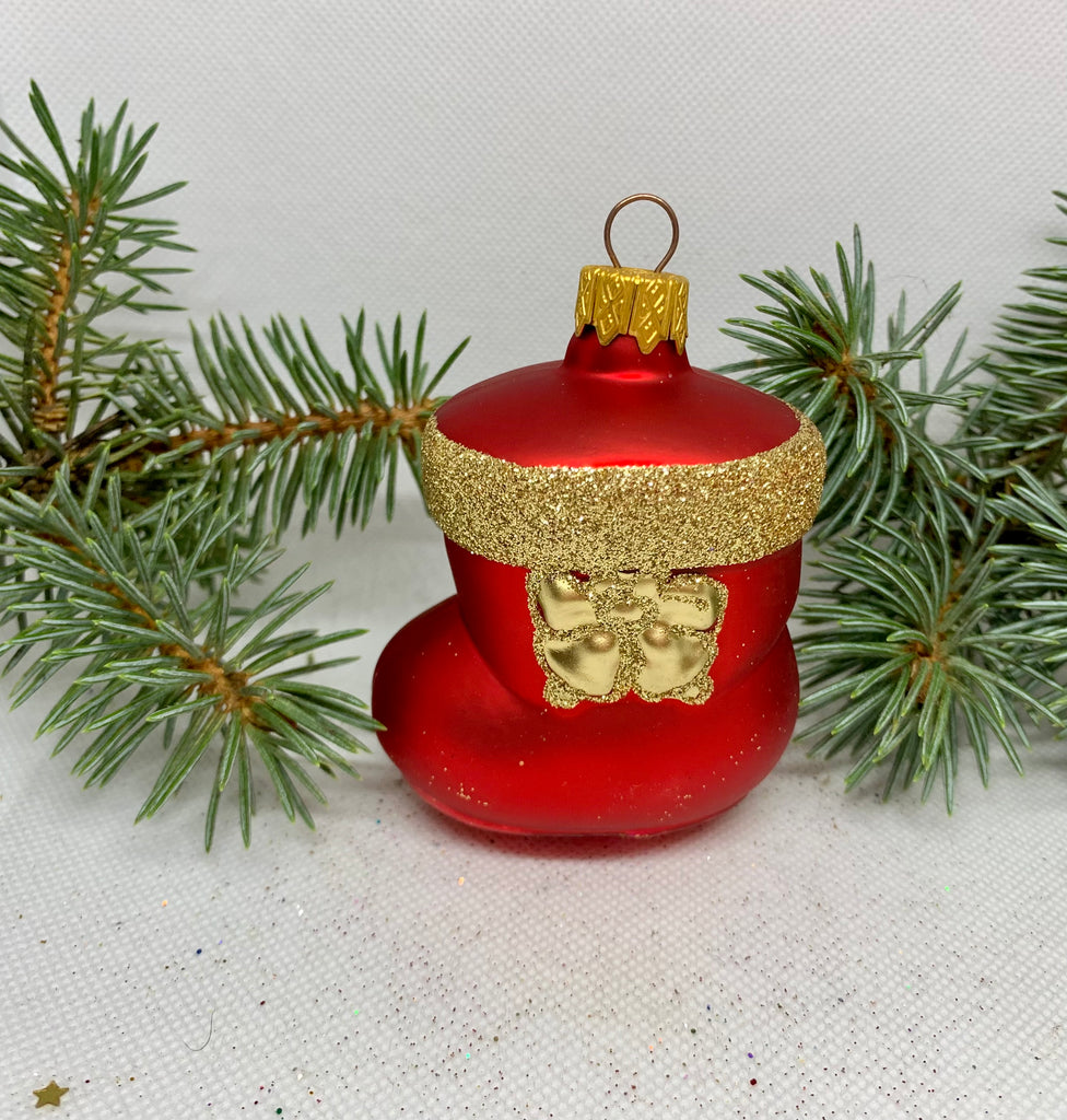 Shoe red and gold with a bell glass Christmas handmade ornament, Luxury Christmas glass decoration, Christmas tree glass ornament ChristmasboxStore