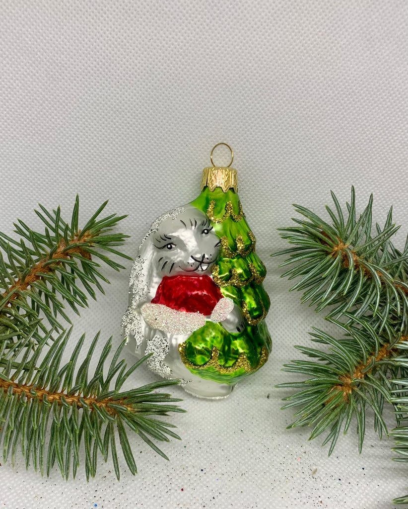 Rabbit hugs a Christmas tree glass Christmas handmade ornament, Luxury Christmas glass decoration, Christmas tree glass ornament ChristmasboxStore