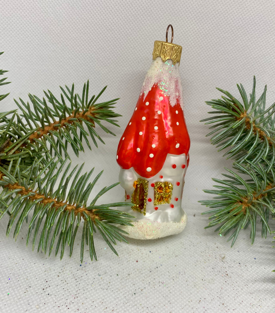 Hut white and red with white glitter glass Christmas handmade ornament, Luxury Christmas glass decoration, Christmas tree glass ornament ChristmasboxStore