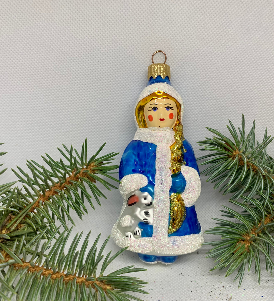 Snow Maiden white and blue glass Christmas handmade ornament, Luxury Christmas glass decoration, Christmas tree glass ornament ChristmasboxStore