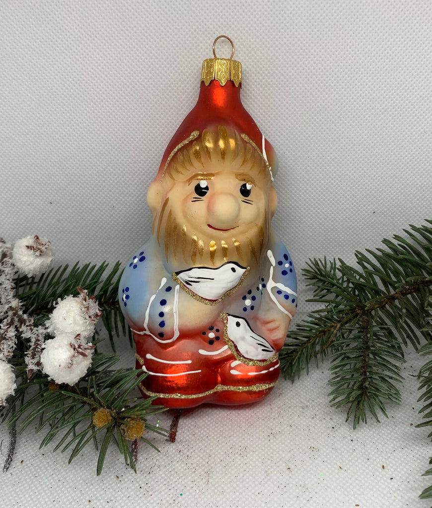 A gnome with a bird glass Christmas handmade ornament, Luxury Christmas glass decoration, Christmas tree glass ornament ChristmasboxStore