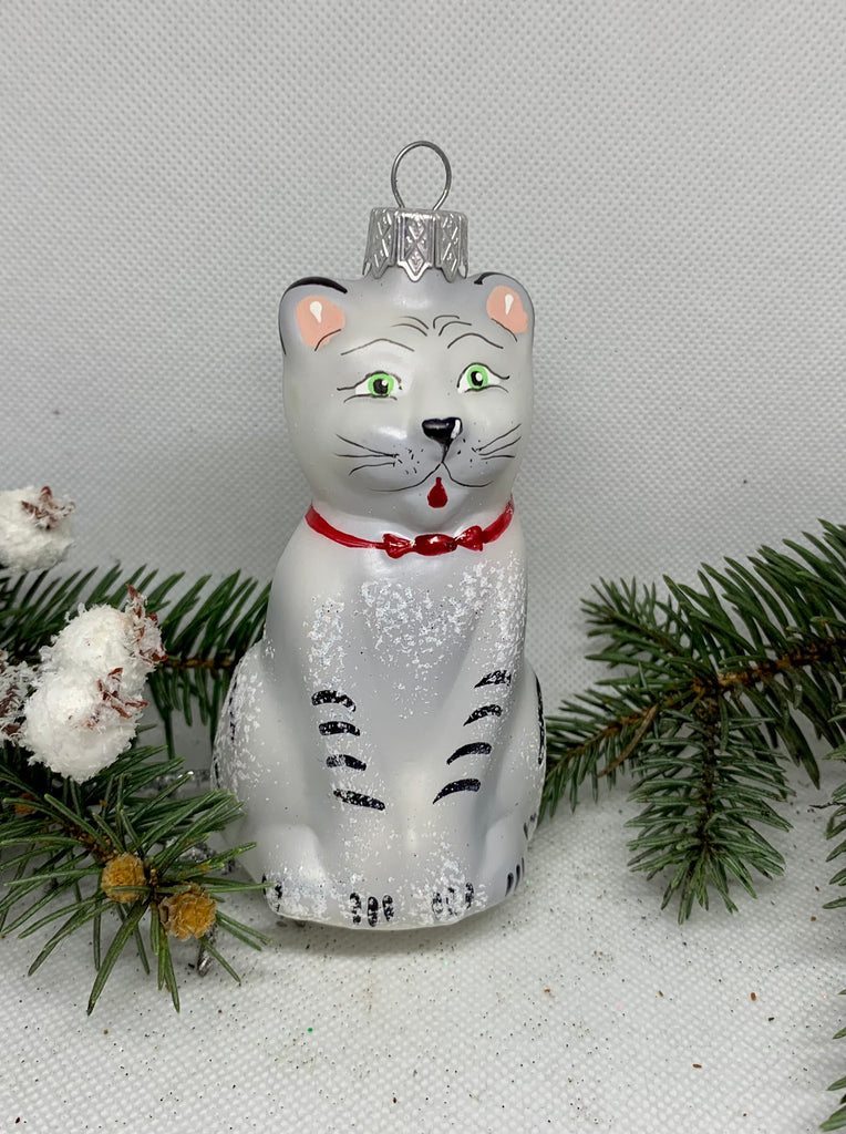 Sitting grey cat glass Christmas handmade ornament, Luxury Christmas glass decoration, Christmas tree glass ornament ChristmasboxStore