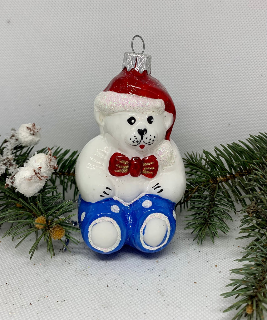 Sitting bear with a bow glass Christmas handmade ornament, Luxury Christmas glass decoration, Christmas tree glass ornament ChristmasboxStore