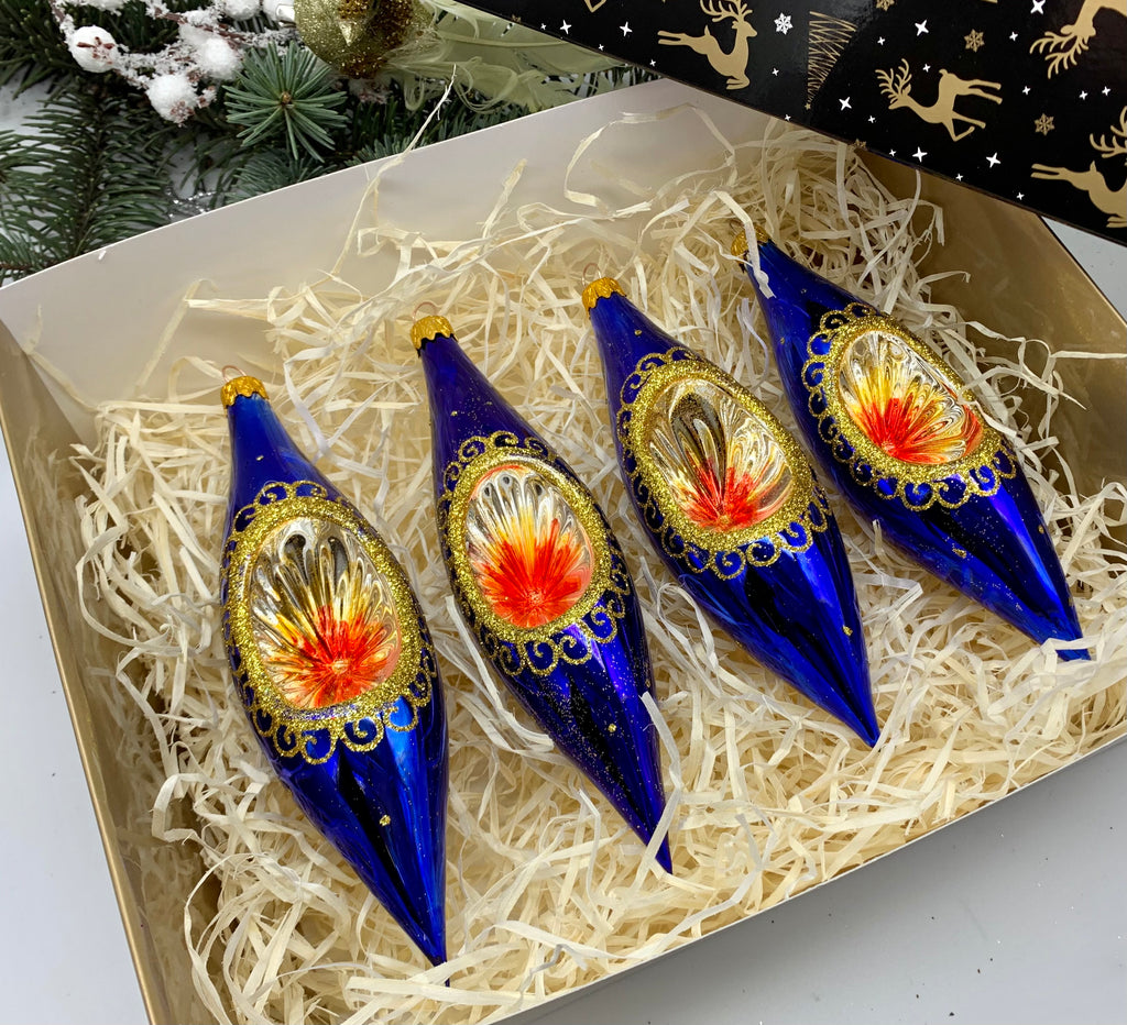 Blue Christmas set of 4 reflector ornaments with gifted box mercury Christmas traditional decorations ChristmasboxStore