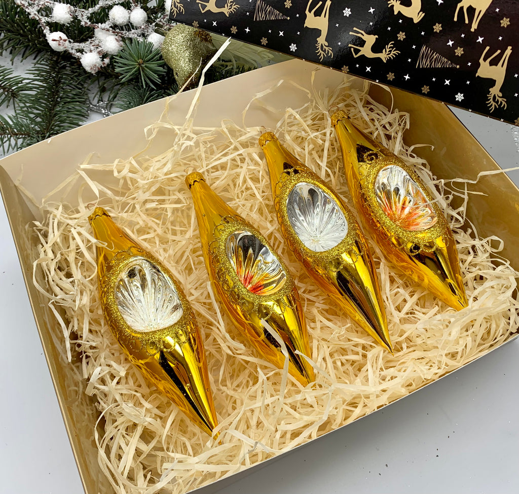 Gold Christmas set of 4 reflector ornaments with gifted box mercury Christmas traditional decorations ChristmasboxStore