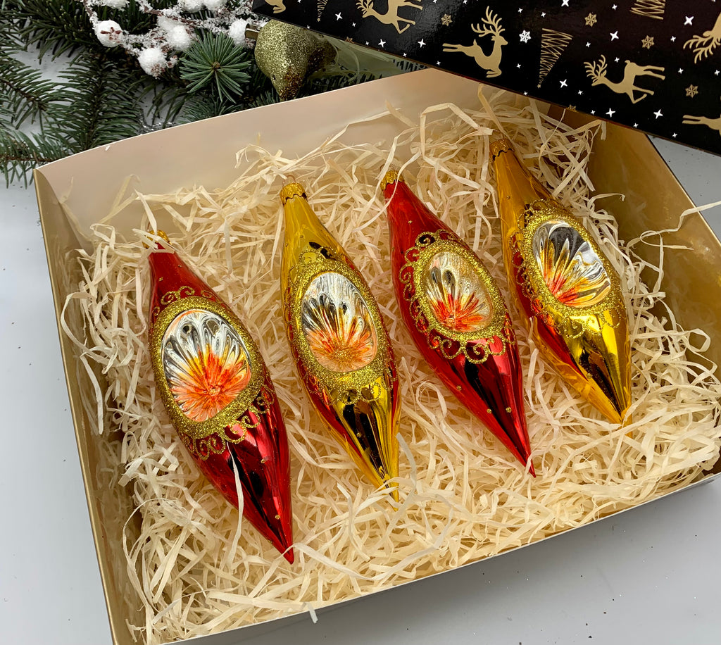 Red and Gold Christmas set of 4 reflector ornaments with gifted box mercury Christmas traditional decorations ChristmasboxStore