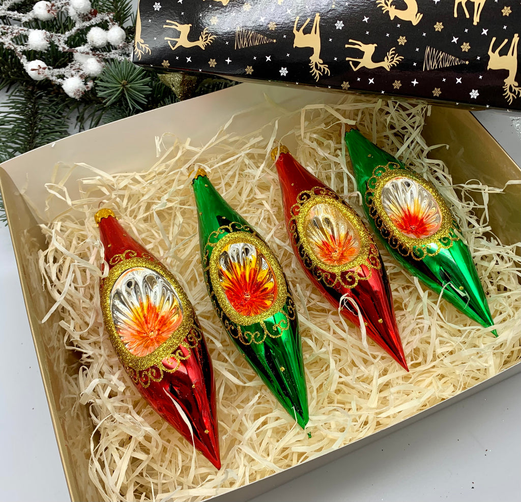 Red and Green Christmas set of 4 reflector ornaments with gifted box mercury Christmas traditional decorations ChristmasboxStore