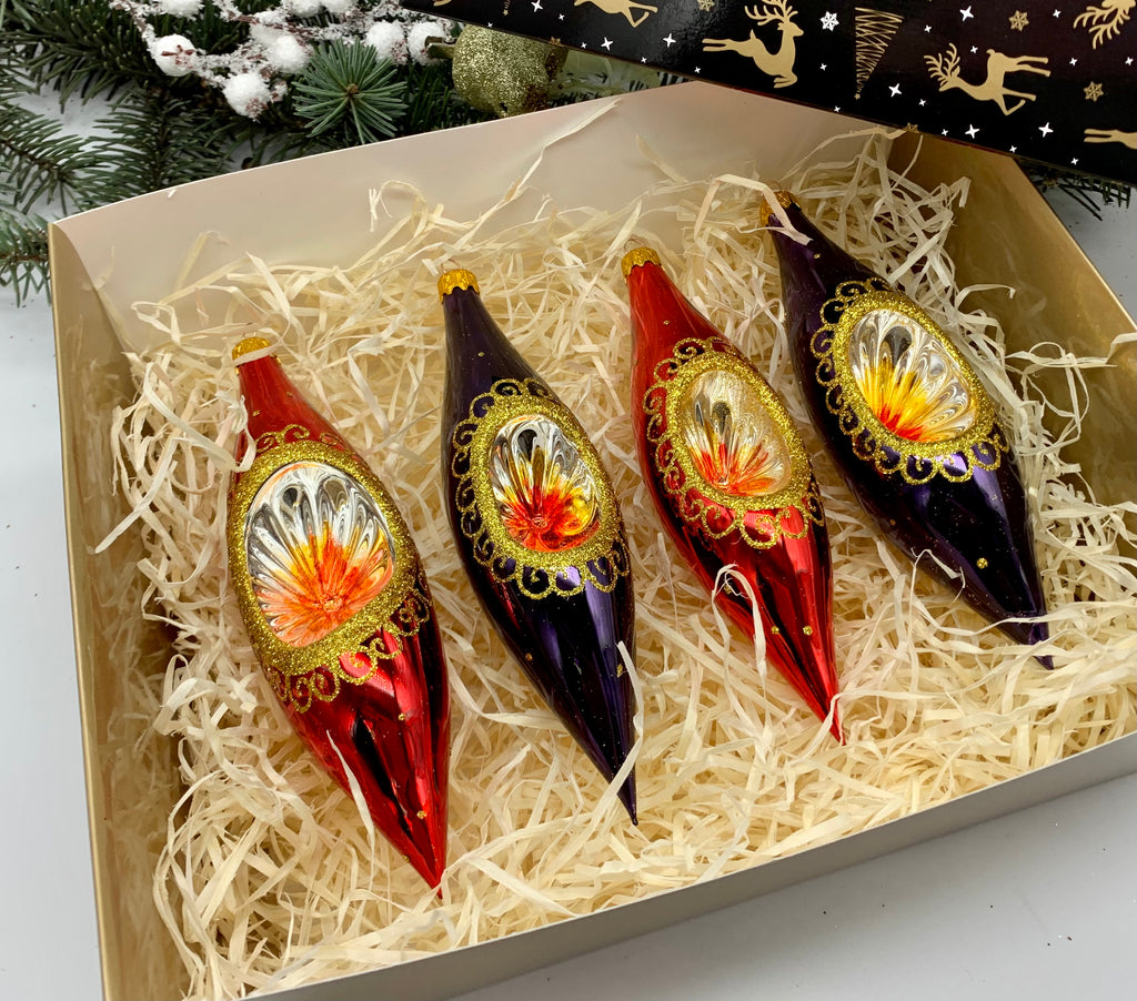 Purple and Red Christmas set of 4 reflector ornaments with gifted box mercury Christmas traditional decorations ChristmasboxStore