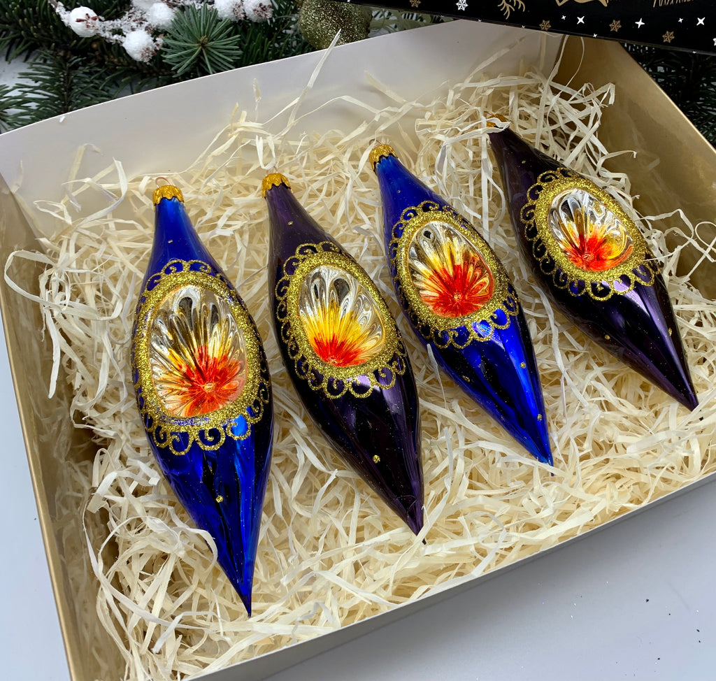 Blue and Purple Christmas set of 4 reflector ornaments with gifted box mercury Christmas traditional decorations ChristmasboxStore