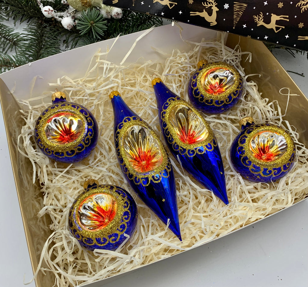 Blue Christmas set of 6 reflector ornaments with gifted box mercury Christmas traditional decorations ChristmasboxStore