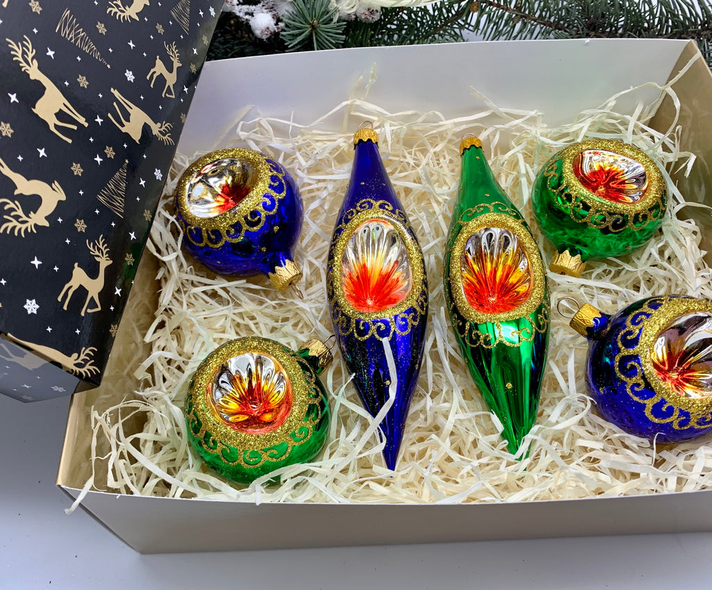 Green and Blue Christmas set of 6 reflector ornaments with gifted box –  ChristmasboxStore