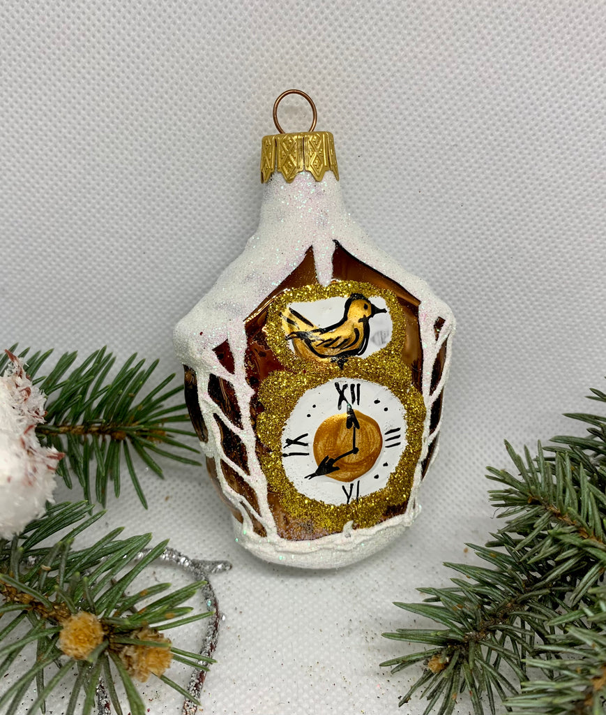 Cuckoo clock with glitter glass Christmas handmade ornament, Luxury Christmas glass decoration, Christmas tree glass ornament ChristmasboxStore