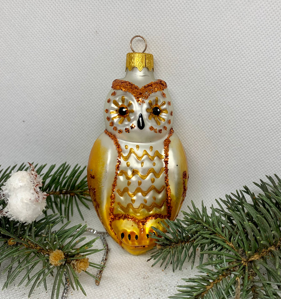 Owl white and gold glass Christmas handmade ornament, Luxury Christmas glass decoration, Christmas tree glass ornament ChristmasboxStore