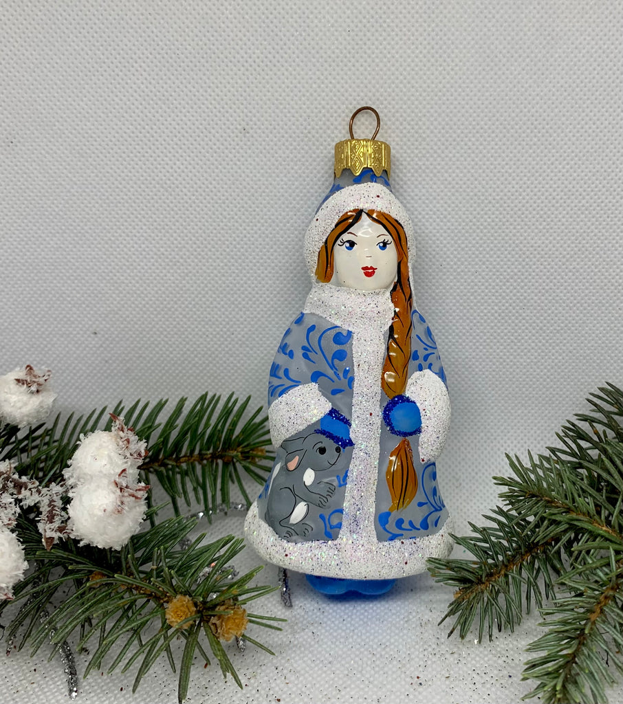 Snow Maiden white and blue glass Christmas handmade ornament, Luxury Christmas glass decoration, Christmas tree glass ornament ChristmasboxStore