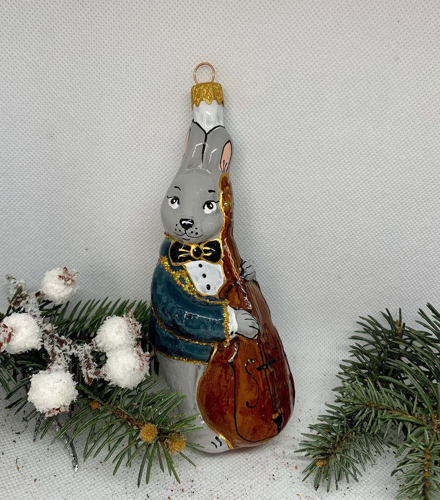 Bunny with double bass glass Christmas handmade ornament, Luxury Christmas glass decoration, Christmas tree glass ornament ChristmasboxStore