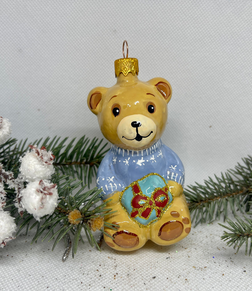 Bear with a present glass Christmas handmade ornament, Luxury Christmas glass decoration, Christmas tree glass ornament ChristmasboxStore