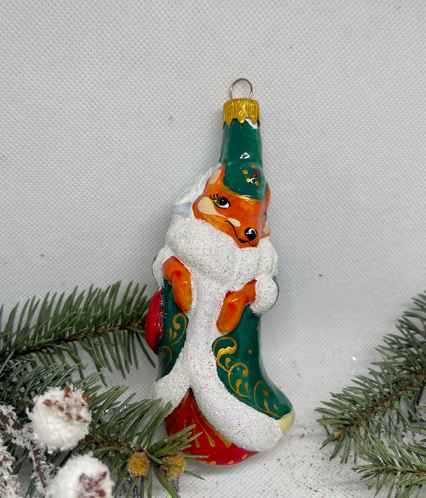 Fox in a green fur coat glass Christmas handmade ornament, Luxury Christmas glass decoration, Christmas tree glass ornament ChristmasboxStore