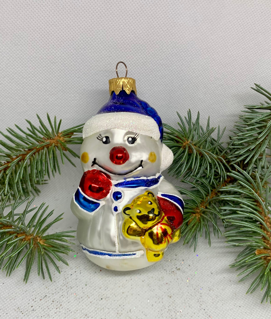 Snowman with a bear glass Christmas handmade ornament, Luxury Christmas glass decoration, Christmas tree glass ornament ChristmasboxStore