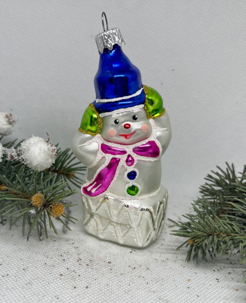 Snowman in a blue hat glass Christmas handmade ornament, Luxury Christmas glass decoration, Christmas tree glass ornament ChristmasboxStore