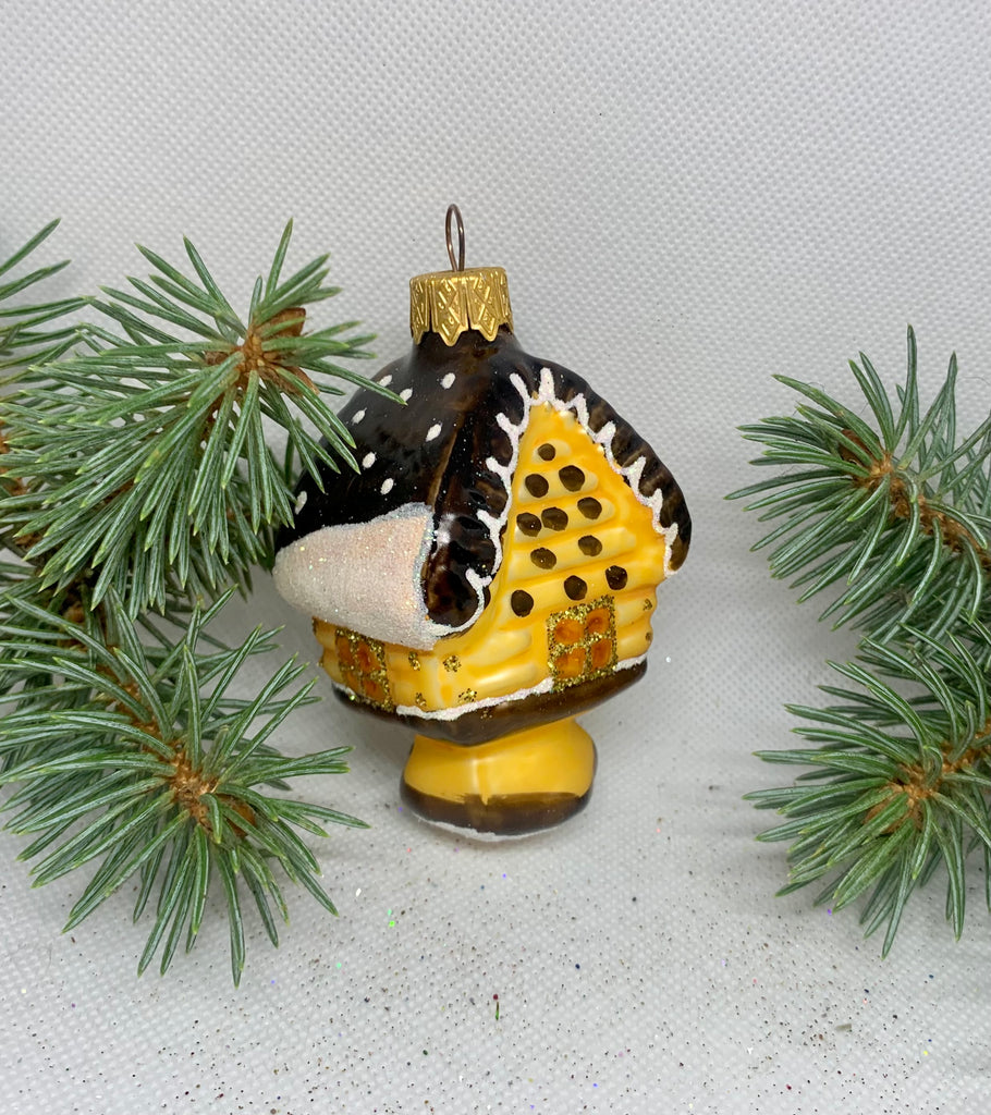 Hut yellow and brown with white glitter glass Christmas handmade ornament, Luxury Christmas glass decoration, Christmas tree glass ornament ChristmasboxStore