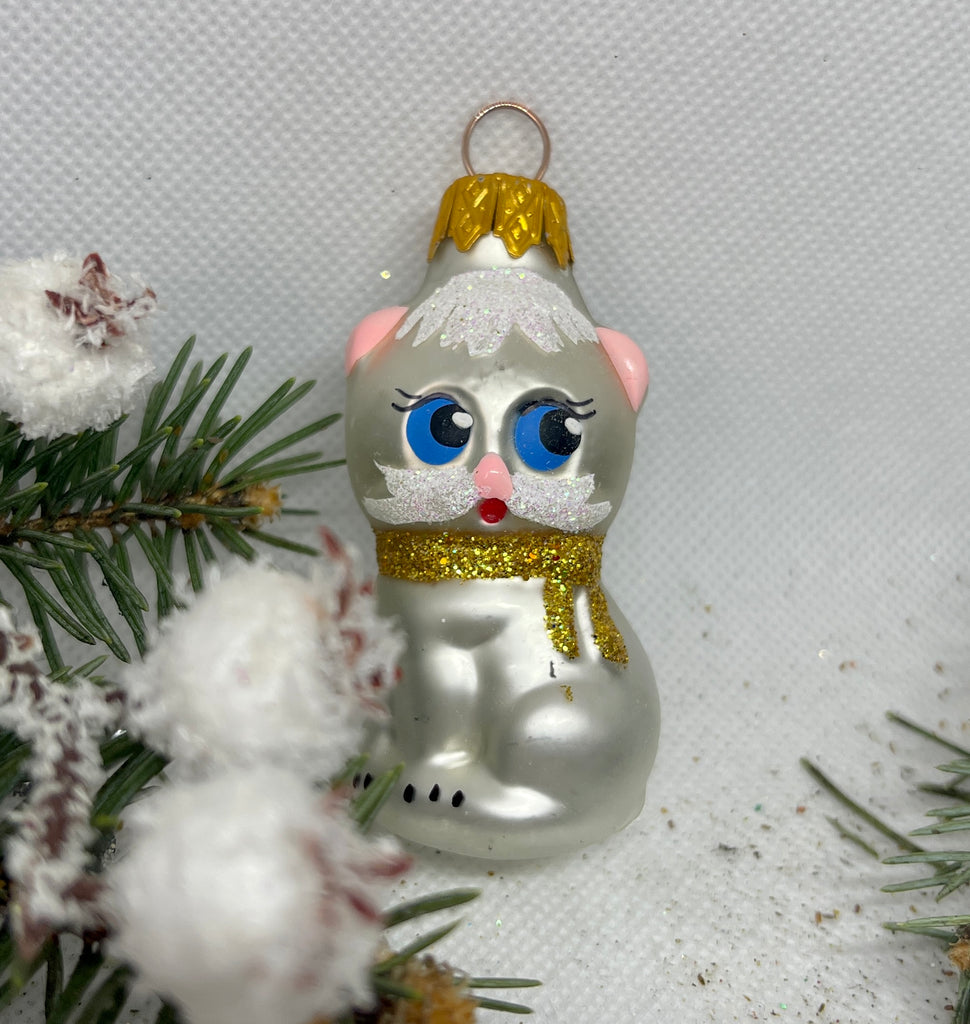 A sitting cat in a golden scarf glass Christmas handmade ornament, Luxury Christmas glass decoration, Christmas tree glass ornament ChristmasboxStore