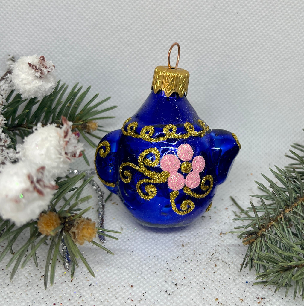 Kettle blue with gold glass Christmas handmade ornament, Luxury Christmas glass decoration, Christmas tree glass ornament ChristmasboxStore