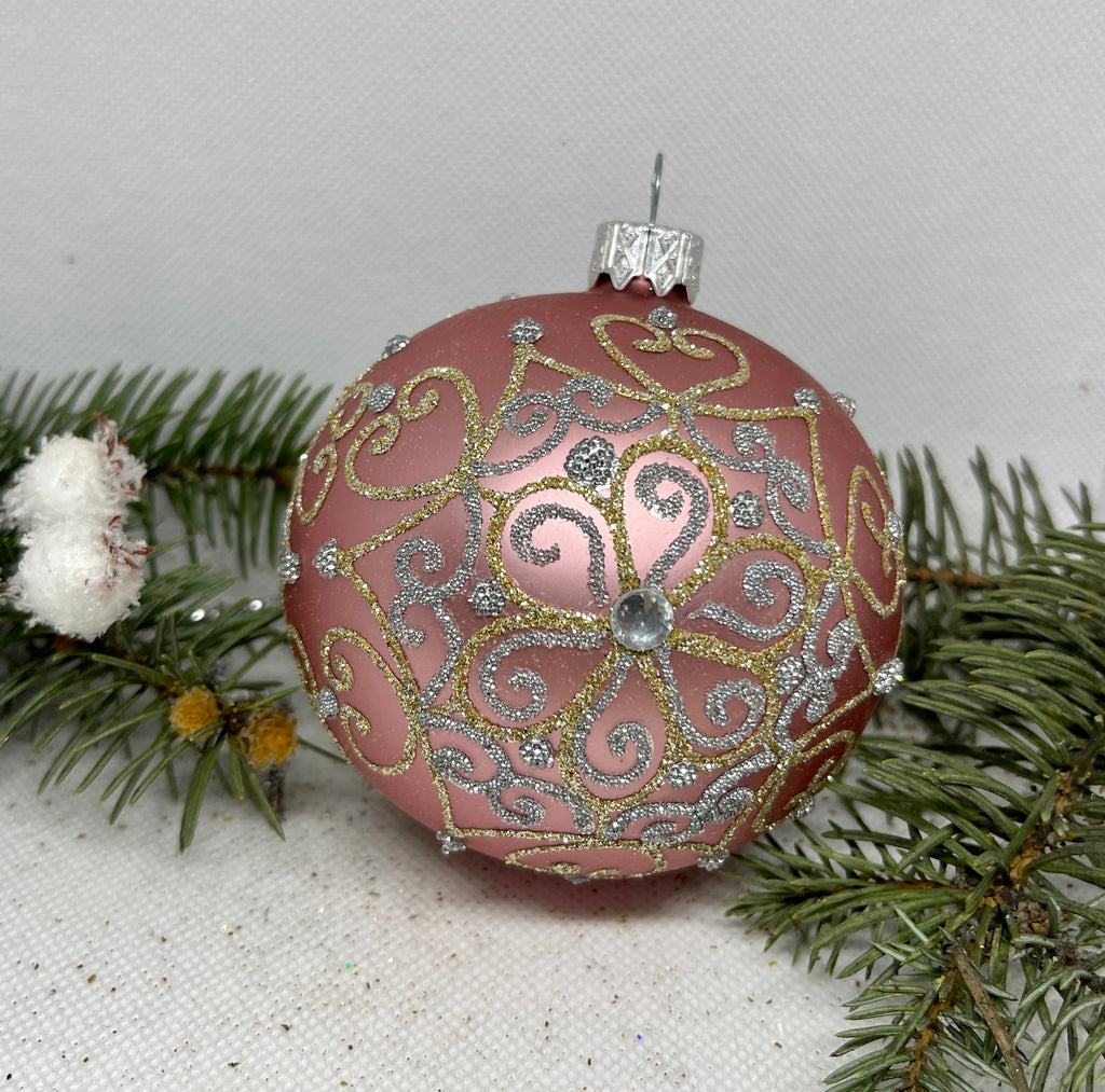 Pink with gold and silver glitter glass ball Christmas ornament, handmade XMAS decoration ChristmasboxStore