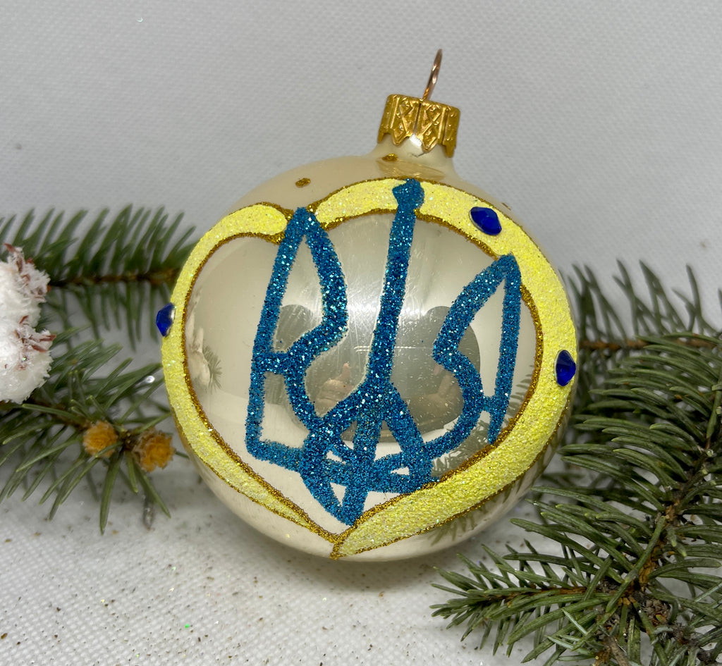 Gold and yellow with blue Ukrainian coat of arms glitter glass ball Christmas ornament, handmade XMAS decoration ChristmasboxStore