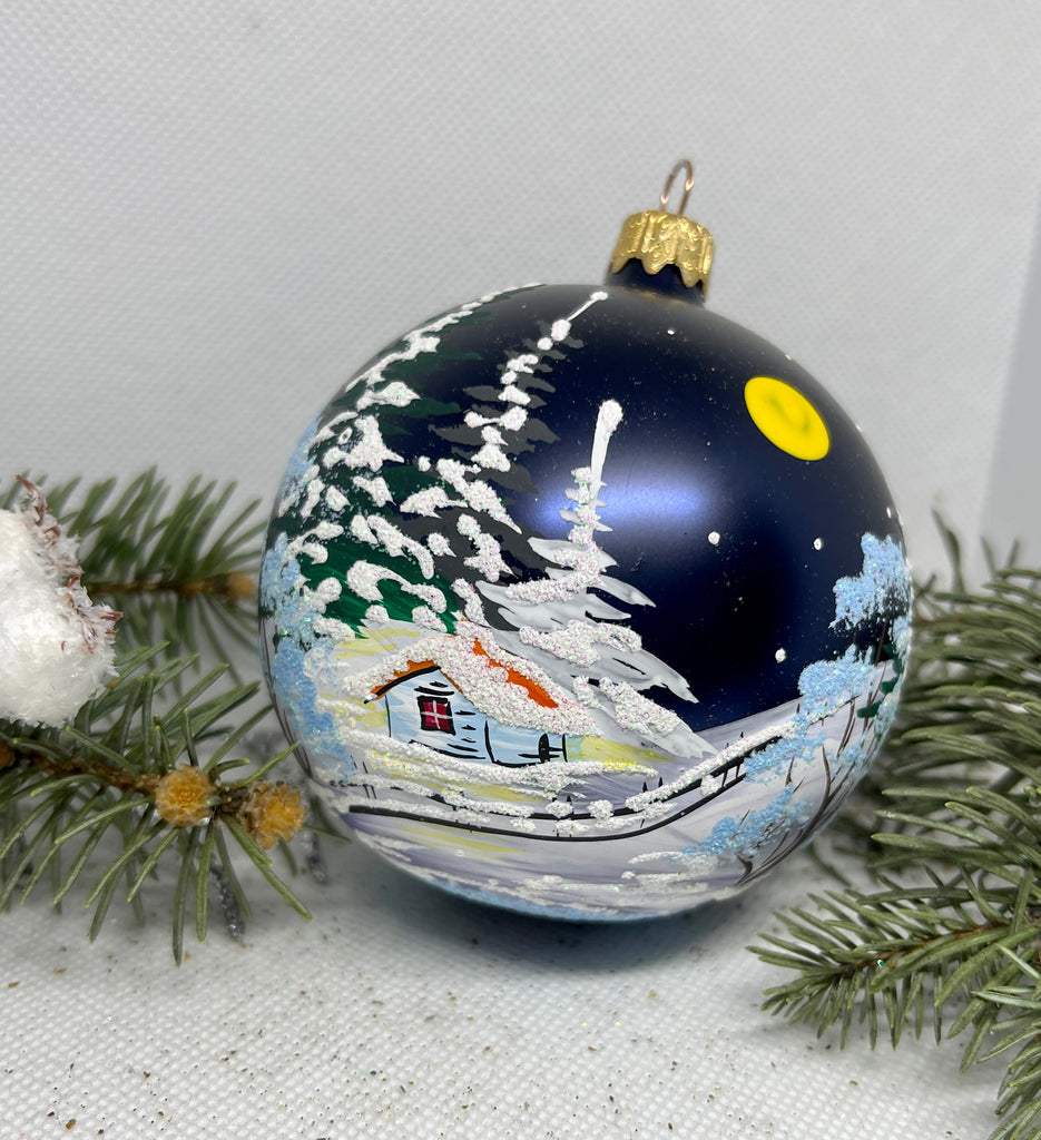 Winter hut under the Moon glass ball Christmas ornament, Hand painted decoration ChristmasboxStore