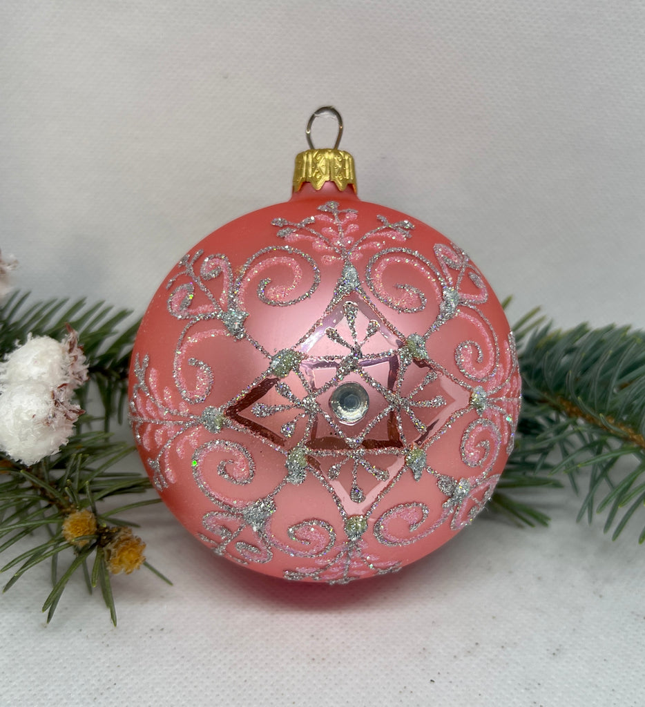Pink with silver glitter glass ball Christmas ornament, handmade XMAS decoration ChristmasboxStore