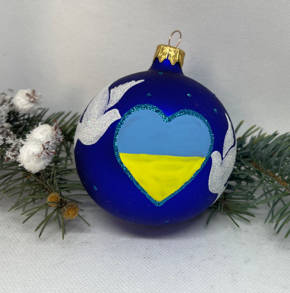 Ukrainian heart and white pigeons glass ball Christmas ornament, Hand painted decoration ChristmasboxStore