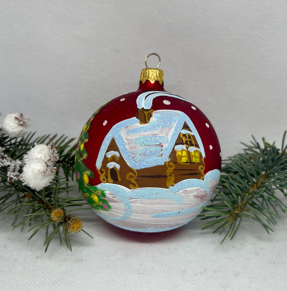 Winter hut and tree glass ball Christmas ornament, Hand painted decoration ChristmasboxStore