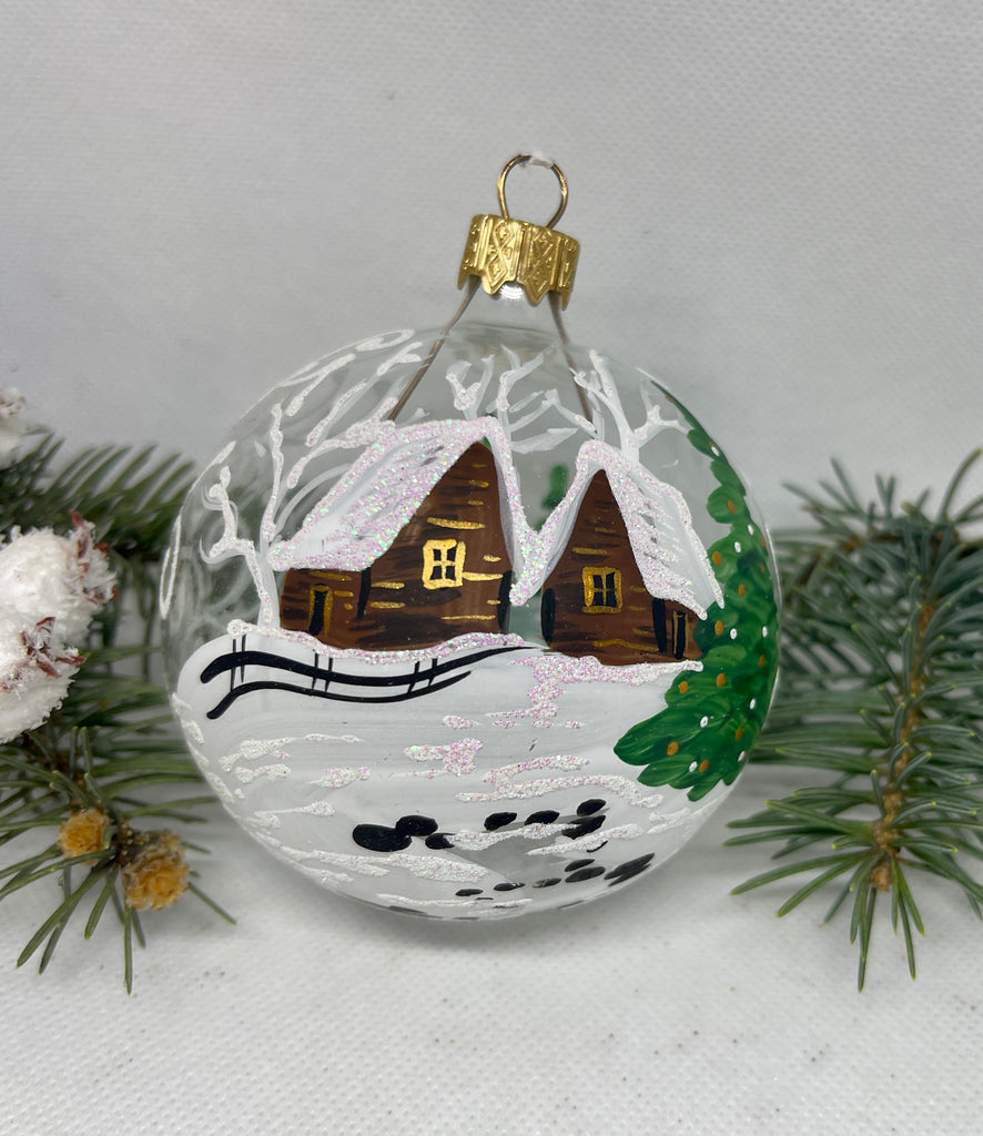 Transparent two winter huts glass ball Christmas ornament, Hand painted decoration ChristmasboxStore