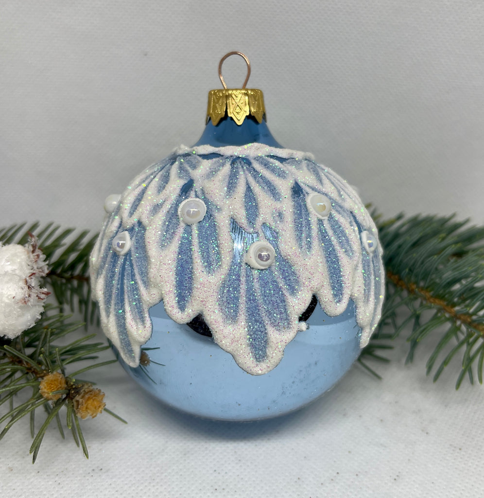 Blue with white glitter glass ball Christmas ornament, handmade XMAS decoration ChristmasboxStore