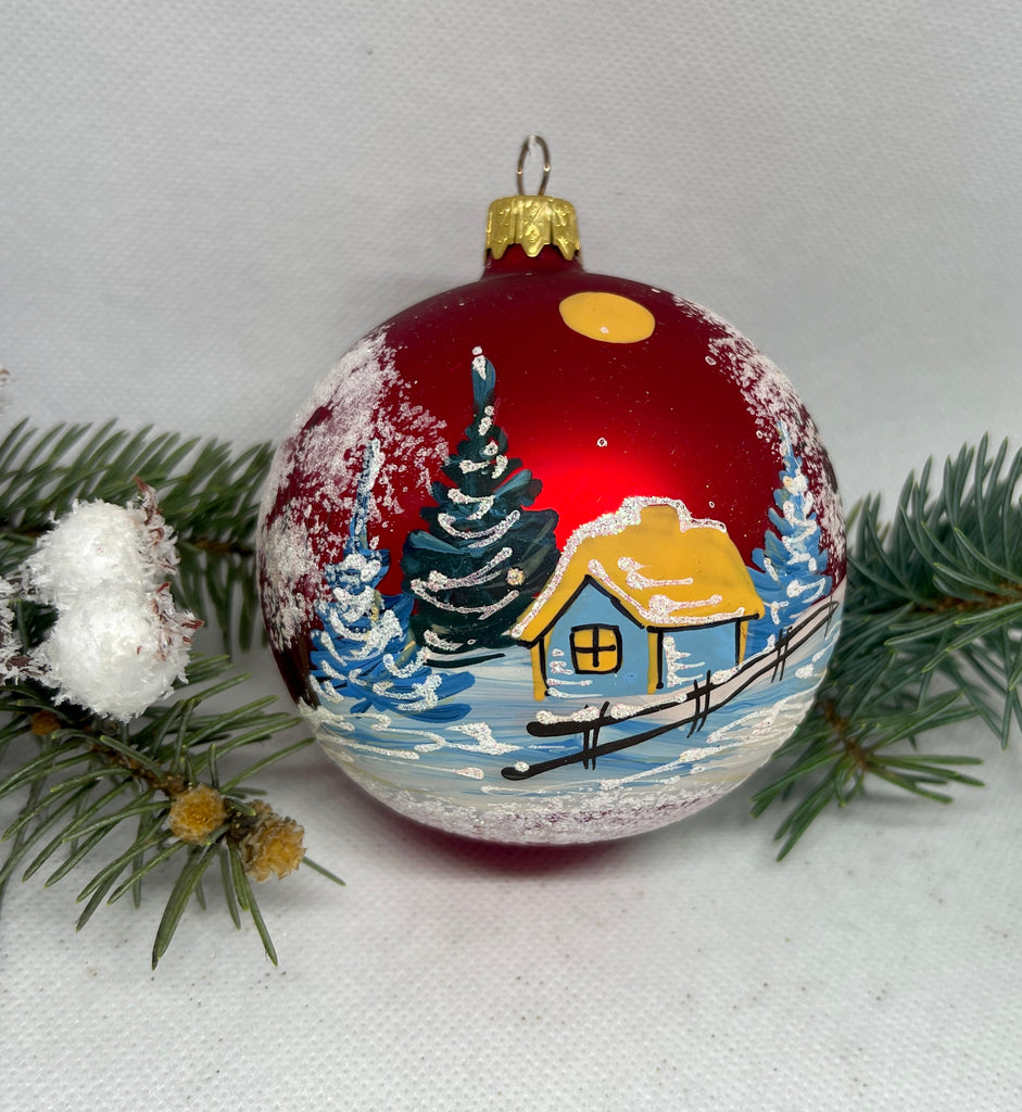 Winter hut among trees under the Moon glass ball Christmas ornament, Hand painted decoration ChristmasboxStore