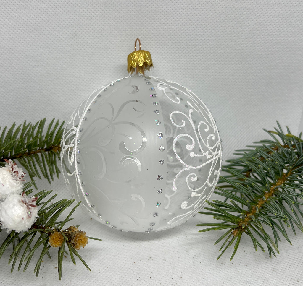 Transparent with white and silver glitter glass ball Christmas ornament, handmade XMAS decoration ChristmasboxStore