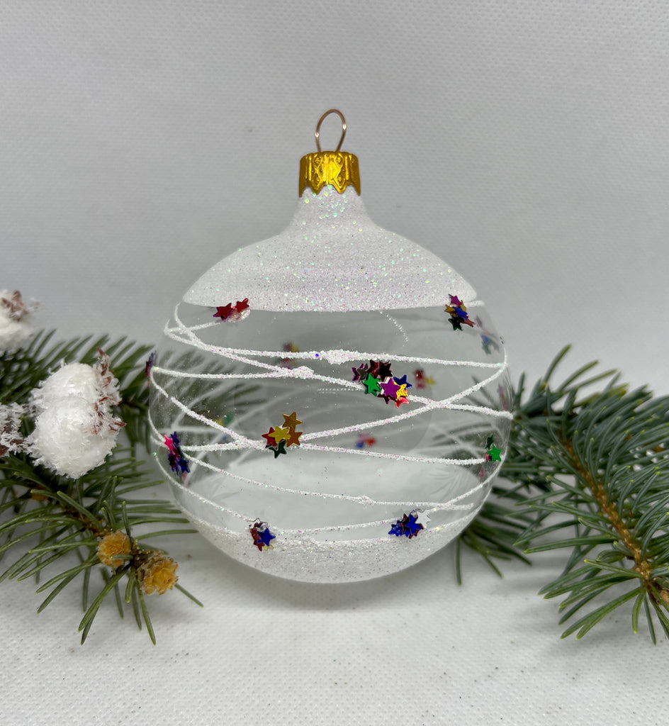 Transparent with stars and white glitter glass ball Christmas ornament, handmade XMAS decoration ChristmasboxStore