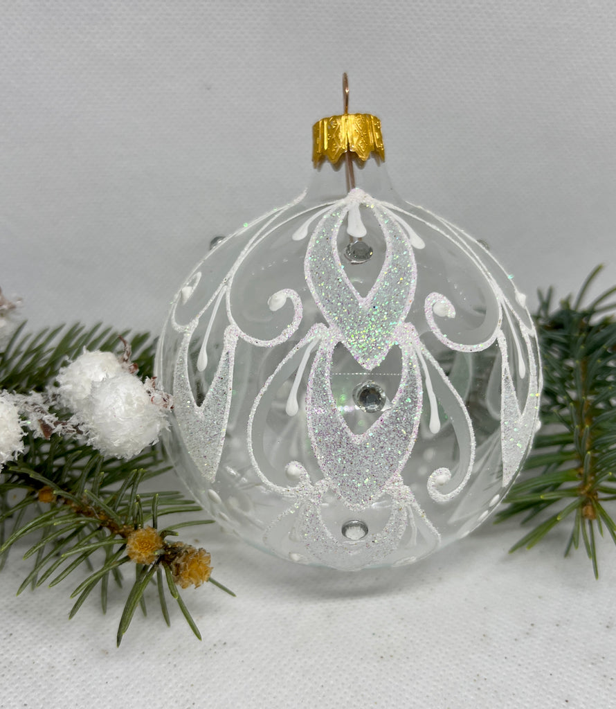 Transparent with silver and white glitter glass ball Christmas ornament, handmade XMAS decoration ChristmasboxStore
