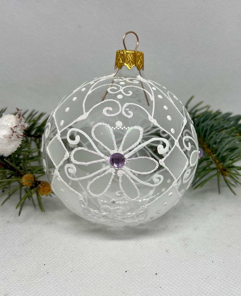 Transparent with white pattern glitter glass ball Christmas ornament, handmade XMAS decoration ChristmasboxStore