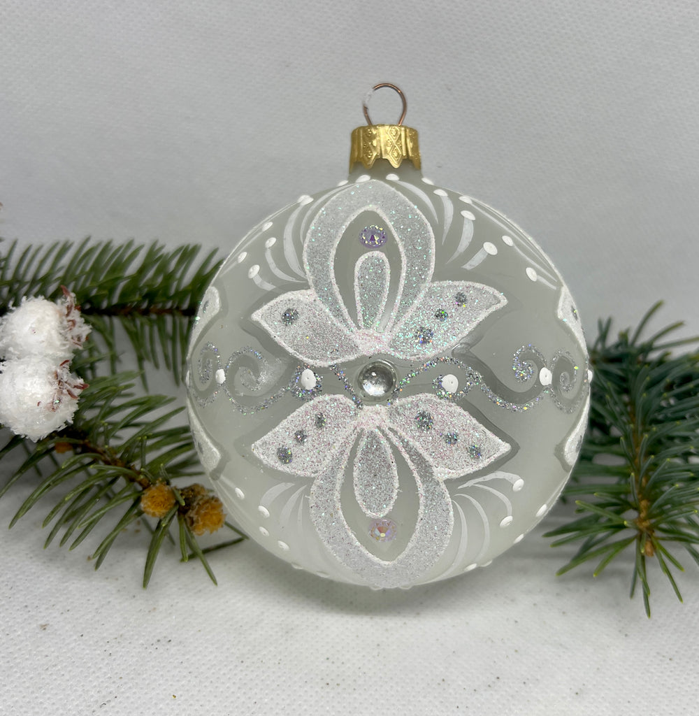 Silver and white matt with glitter glass ball Christmas ornament, handmade XMAS decoration ChristmasboxStore