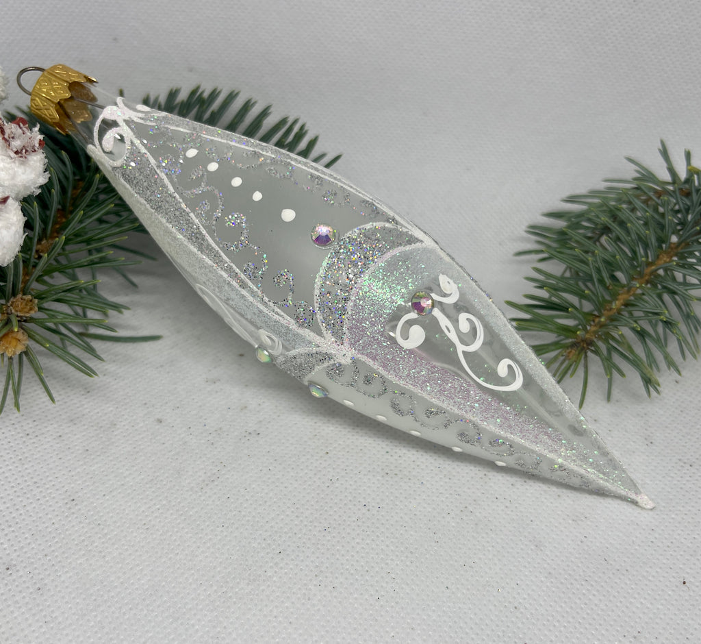 Cone transparent and white glitter glass Christmas ornament, handmade XMAS decoration ChristmasboxStore
