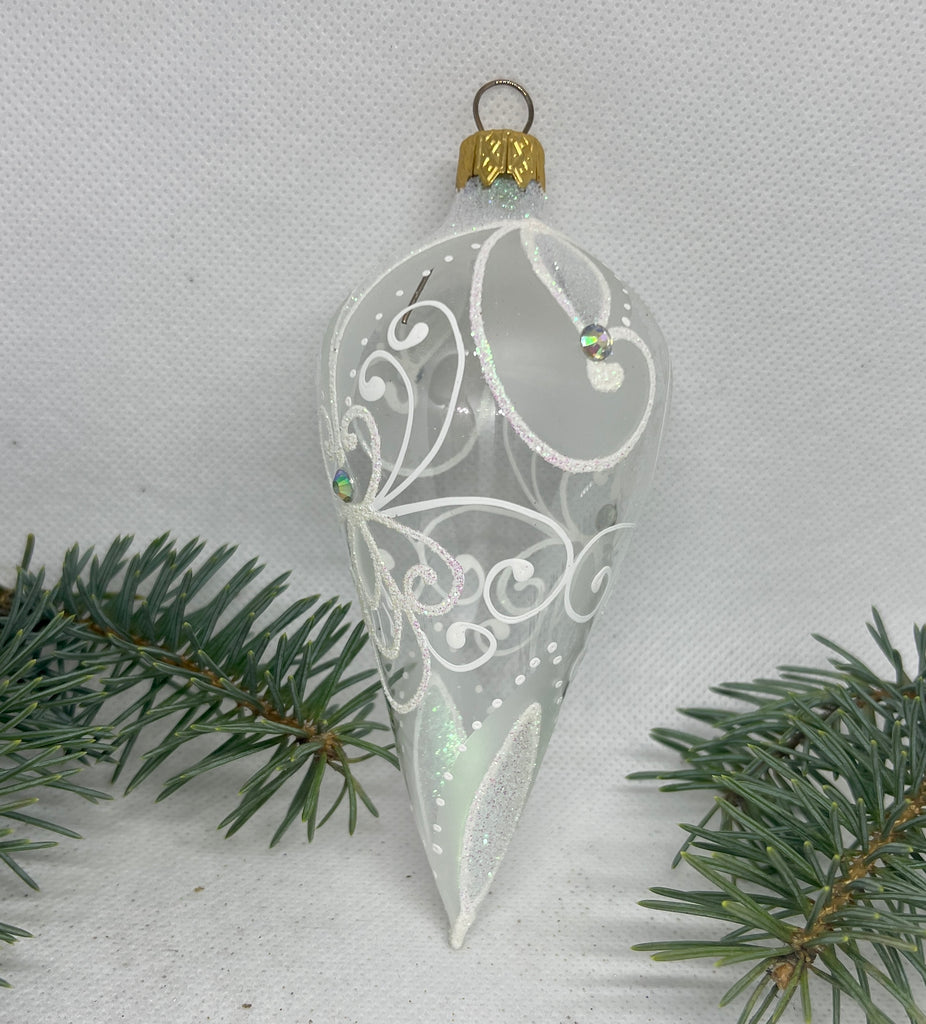 Cone transparent and white glitter glass Christmas ornament, handmade XMAS decoration ChristmasboxStore