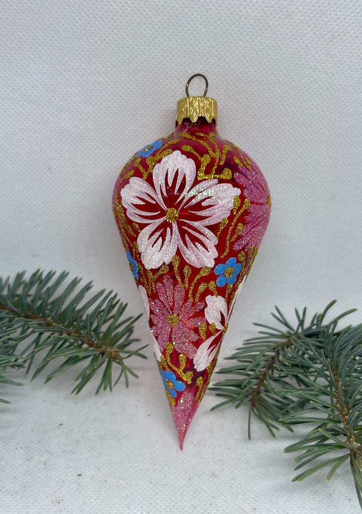 Cone red with white,pink and blue flowers glitter glass Christmas ornament, handmade XMAS decoration ChristmasboxStore