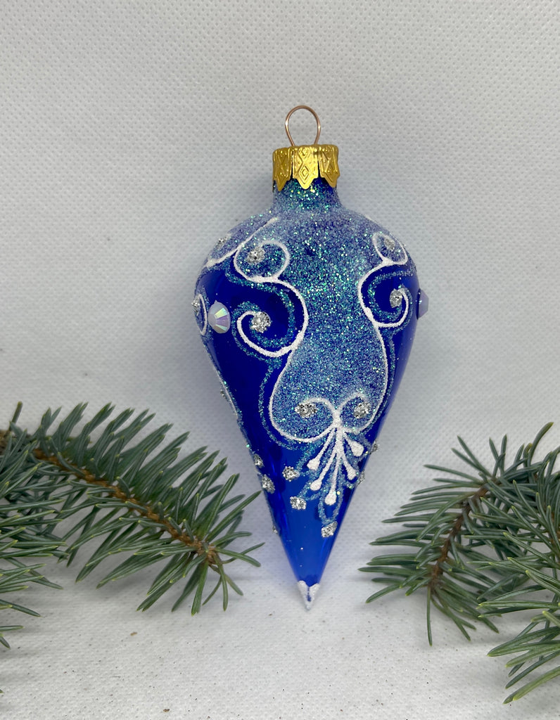 Cone blue and white glitter glass Christmas ornament, handmade XMAS decoration ChristmasboxStore