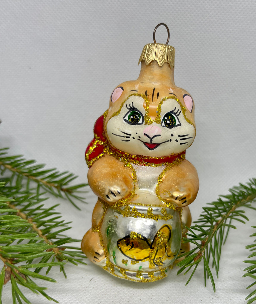 Gold cat with a fish glass Christmas handmade ornament, Luxury Christmas glass decoration, Christmas tree glass ornament ChristmasboxStore