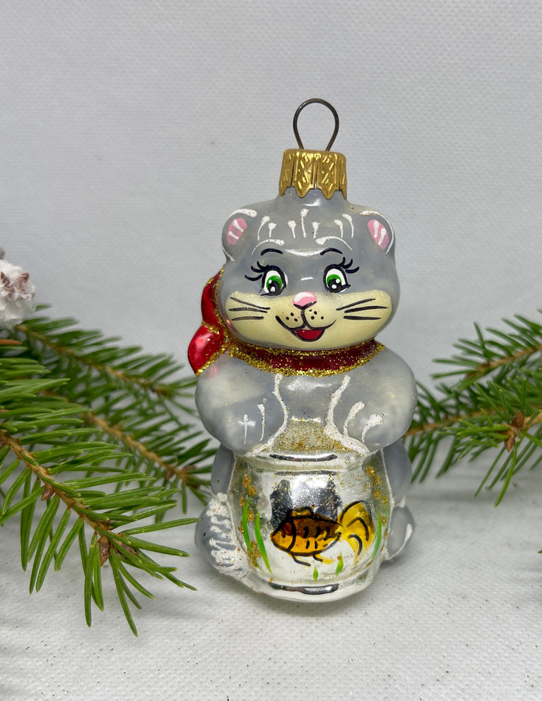 Silver cat with a fish glass Christmas handmade ornament, Luxury Christmas glass decoration, Christmas tree glass ornament ChristmasboxStore